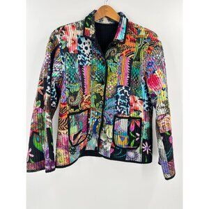 Silver Stream One Size Black and Multi Print Reversible Quilted Button Jacket